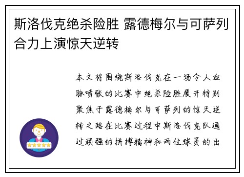 斯洛伐克绝杀险胜 露德梅尔与可萨列合力上演惊天逆转