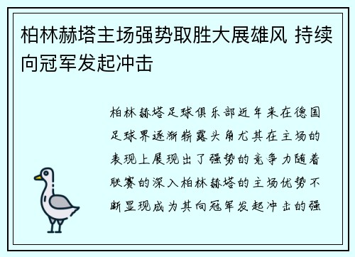 柏林赫塔主场强势取胜大展雄风 持续向冠军发起冲击