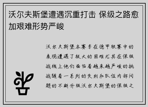 沃尔夫斯堡遭遇沉重打击 保级之路愈加艰难形势严峻