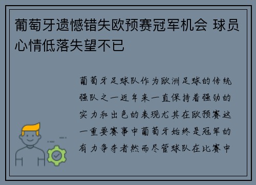 葡萄牙遗憾错失欧预赛冠军机会 球员心情低落失望不已