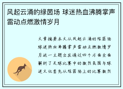 风起云涌的绿茵场 球迷热血沸腾掌声雷动点燃激情岁月