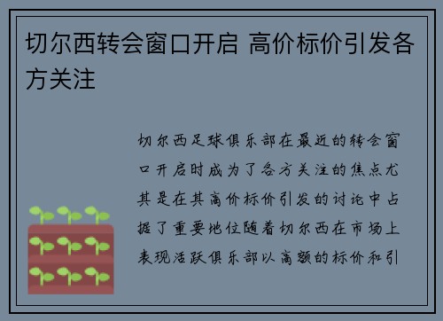 切尔西转会窗口开启 高价标价引发各方关注