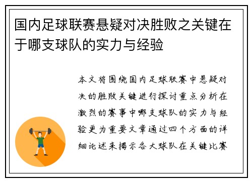 国内足球联赛悬疑对决胜败之关键在于哪支球队的实力与经验
