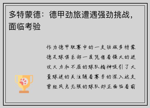 多特蒙德:德甲劲旅遭遇强劲挑战,面临考验