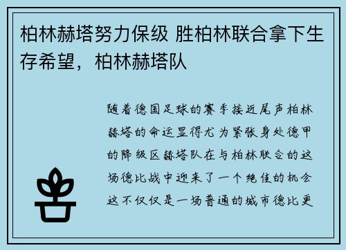 柏林赫塔努力保级 胜柏林联合拿下生存希望，柏林赫塔队