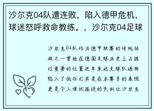 沙尔克04队遭连败,陷入德甲危机,球迷怒呼救命教练。,沙尔克04足球队最新新闻