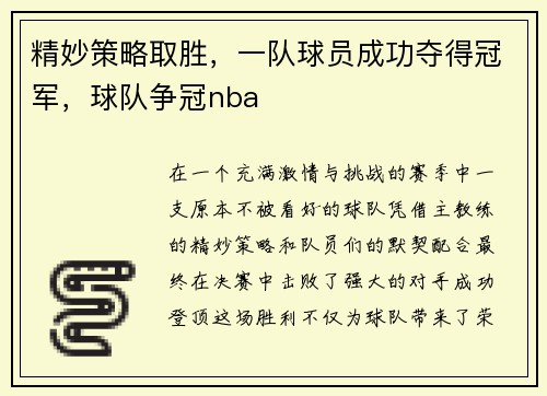 精妙策略取胜,一队球员成功夺得冠军,球队争冠nba