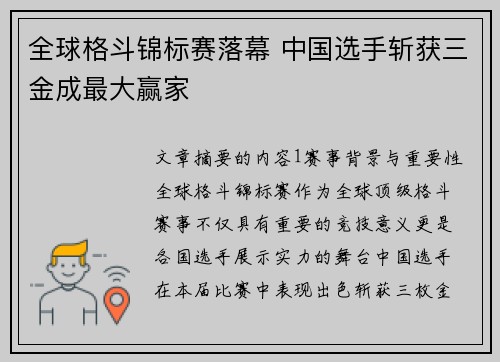 全球格斗锦标赛落幕 中国选手斩获三金成最大赢家